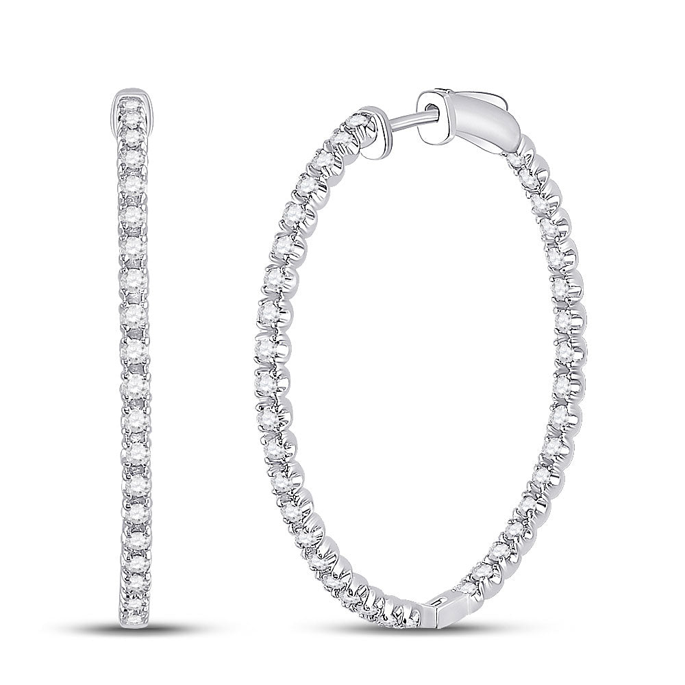 14kt White Gold Womens Round Diamond Inside-Outside Hoop Earrings 1-5/8 Cttw