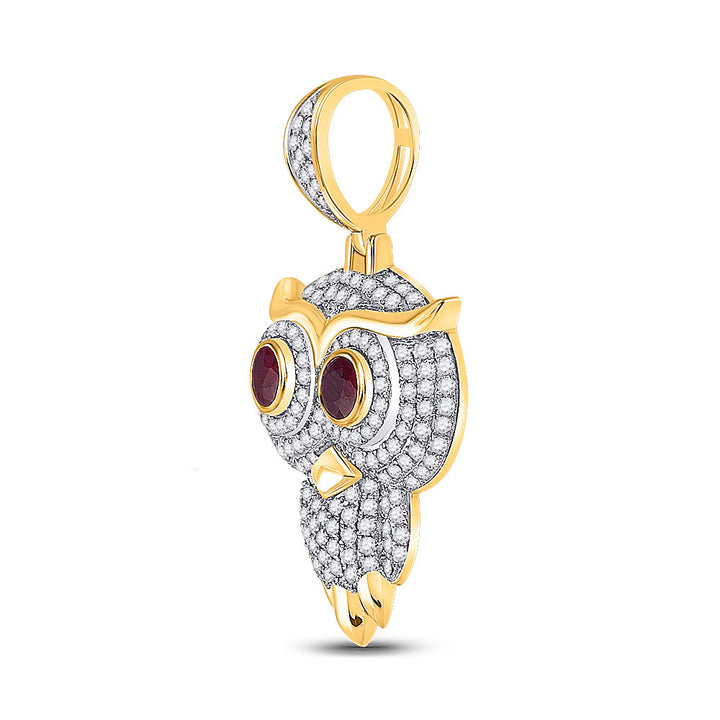 14kt Yellow Gold Mens Round Ruby Diamond Owl Bird Charm Pendant 2-5/8 Cttw