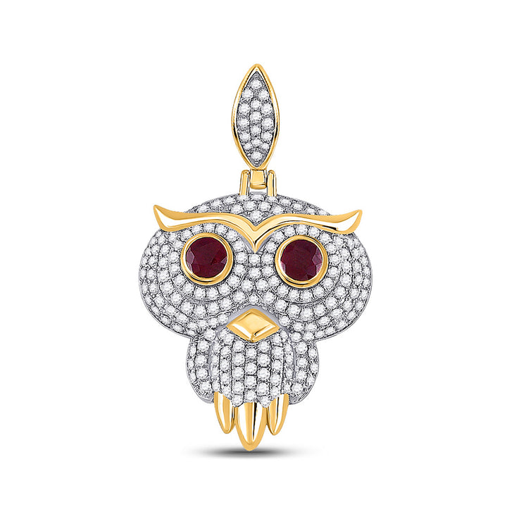 14kt Yellow Gold Mens Round Ruby Diamond Owl Bird Charm Pendant 2-5/8 Cttw