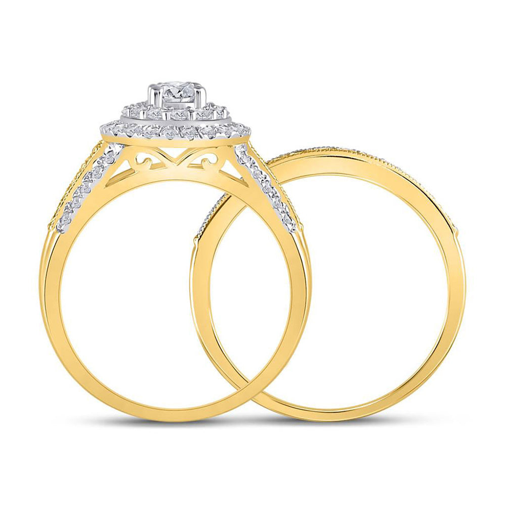 14kt Yellow Gold Round Diamond Pear Bridal Wedding Ring Band Set 1 Cttw