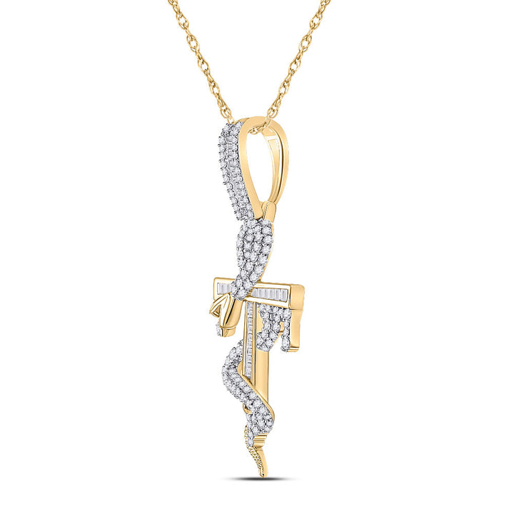 10kt Yellow Gold Mens Baguette Diamond Snake Ankh Cross Charm Pendant 1-1/5 Cttw