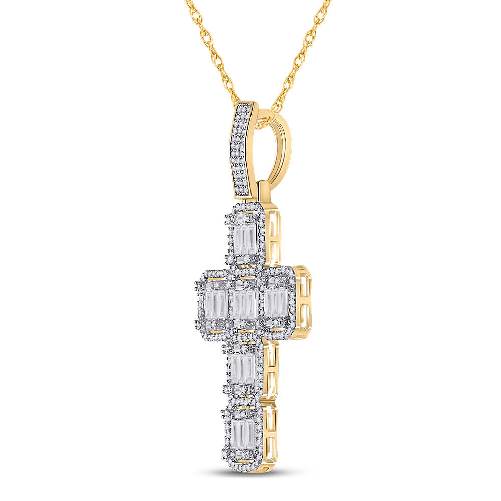 10kt Yellow Gold Mens Baguette Diamond Cross Charm Pendant 1-7/8 Cttw