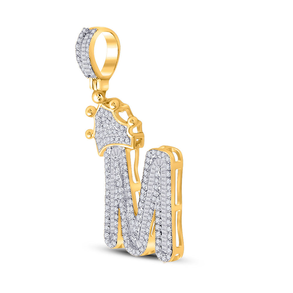 10kt Yellow Gold Mens Round Diamond Crown M Letter Charm Pendant 7/8 Cttw