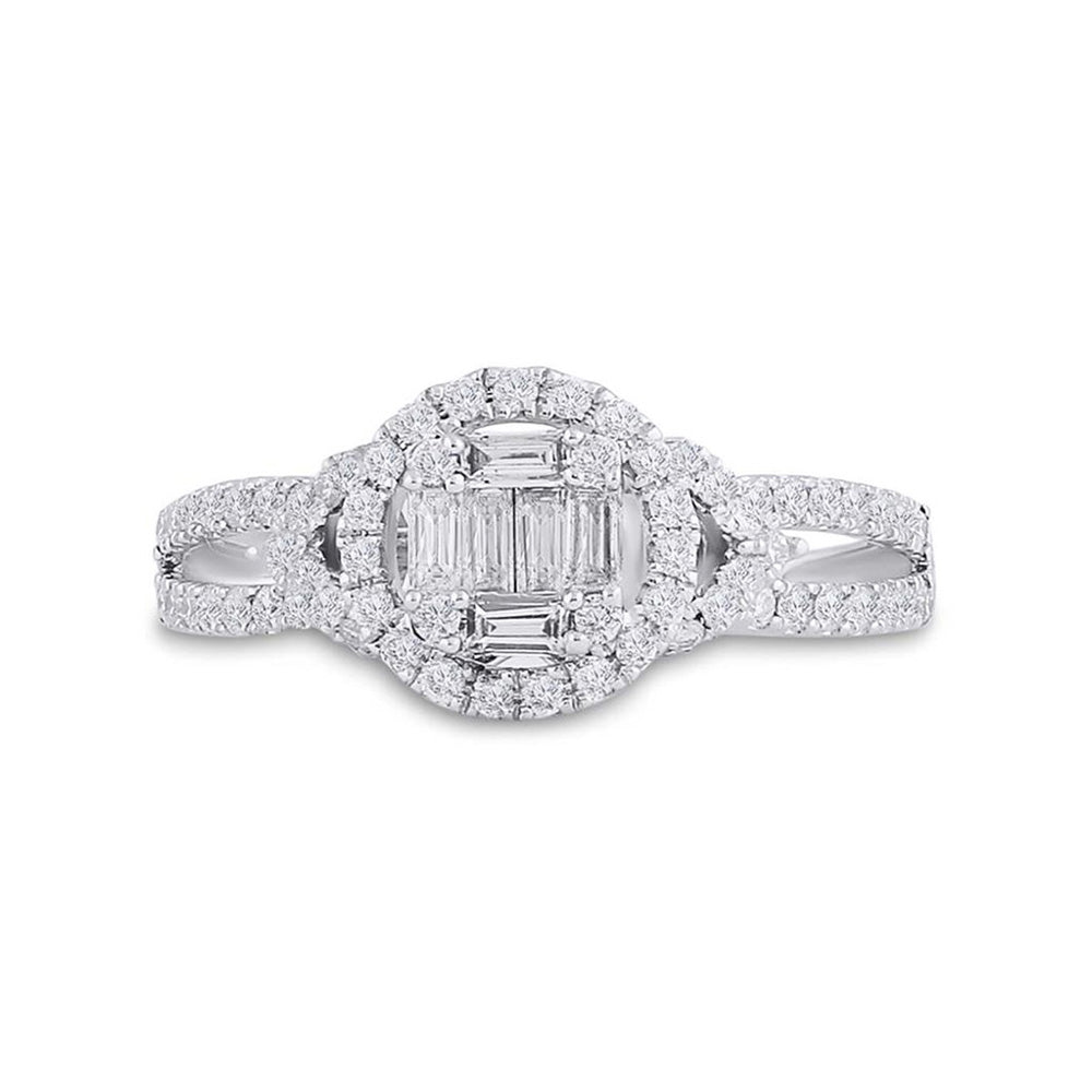 14kt White Gold Womens Baguette Diamond Halo Ring 3/4 Cttw