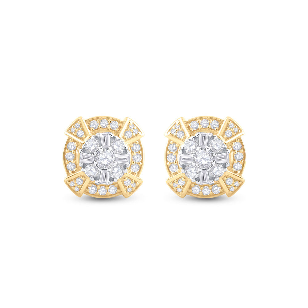 14kt Yellow Gold Mens Baguette Diamond Circle Cluster Earrings 3/4 Cttw