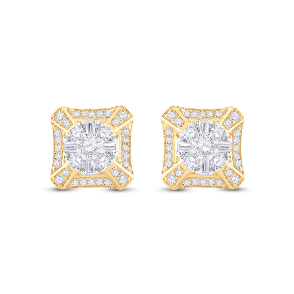 14kt Yellow Gold Mens Baguette Diamond Square Cluster Earrings 3/4 Cttw