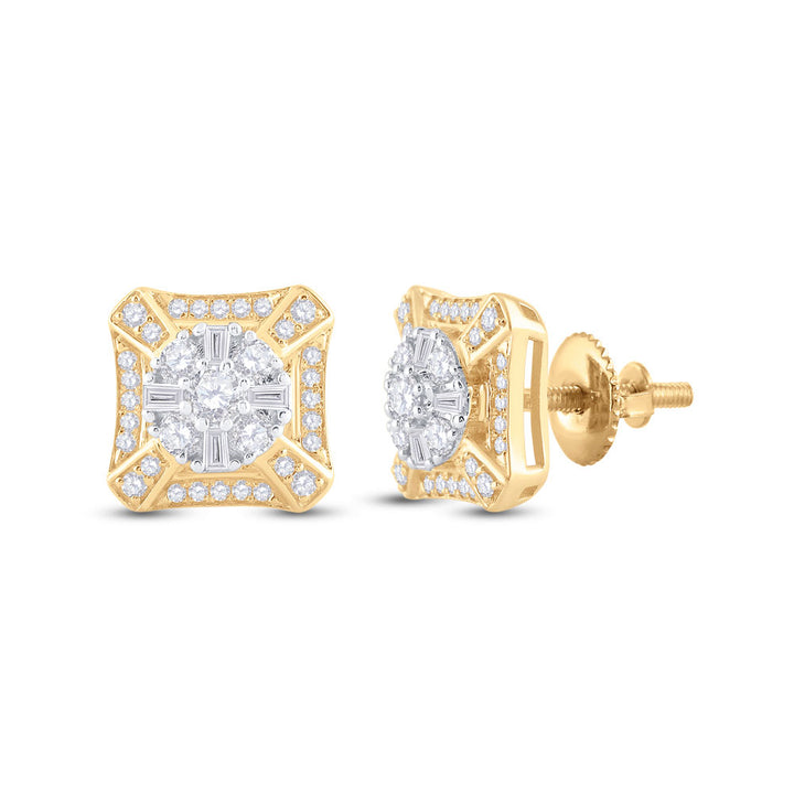 14kt Yellow Gold Mens Baguette Diamond Square Cluster Earrings 3/4 Cttw