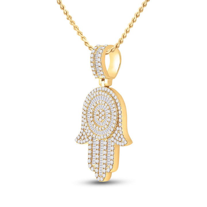 14kt Yellow Gold Mens Baguette Diamond Hamsa Hand Charm Pendant 3 Cttw