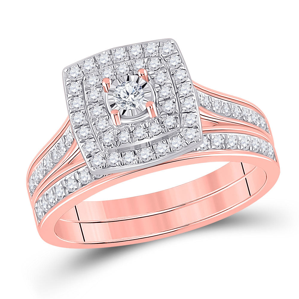 10kt Rose Gold Round Diamond Halo Bridal Wedding Ring Band Set 1/2 Cttw