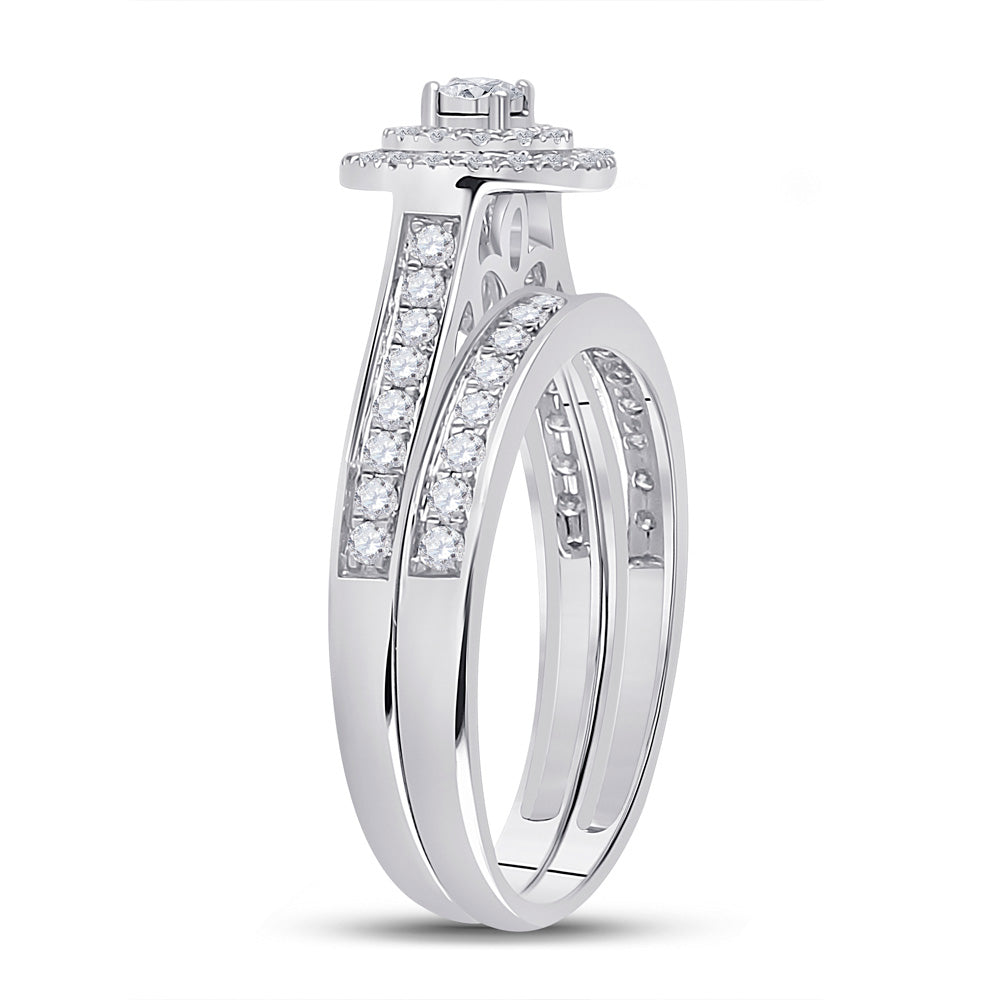 10kt White Gold Round Diamond Halo Bridal Wedding Ring Band Set 1/2 Cttw