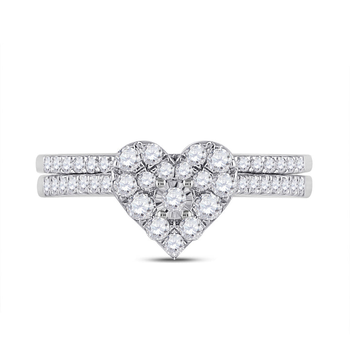 10kt White Gold Round Diamond Heart Bridal Wedding Ring Band Set 1/2 Cttw