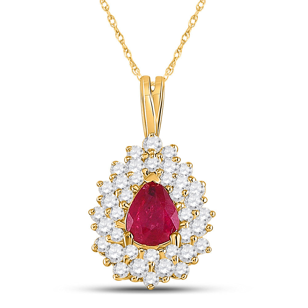 14kt Yellow Gold Womens Pear Ruby Diamond Solitaire Pendant 3/4 Cttw