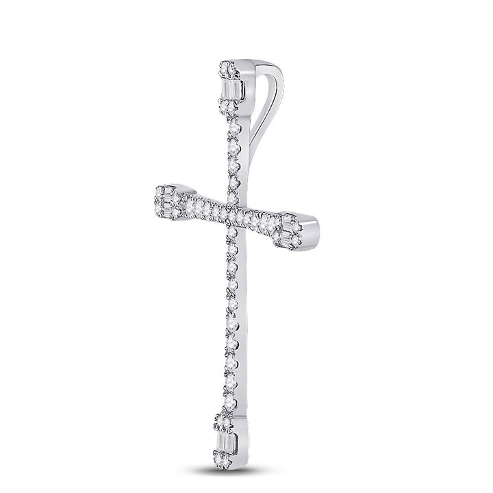 14kt White Gold Womens Baguette Round Diamond Cross Pendant 3/4 Cttw