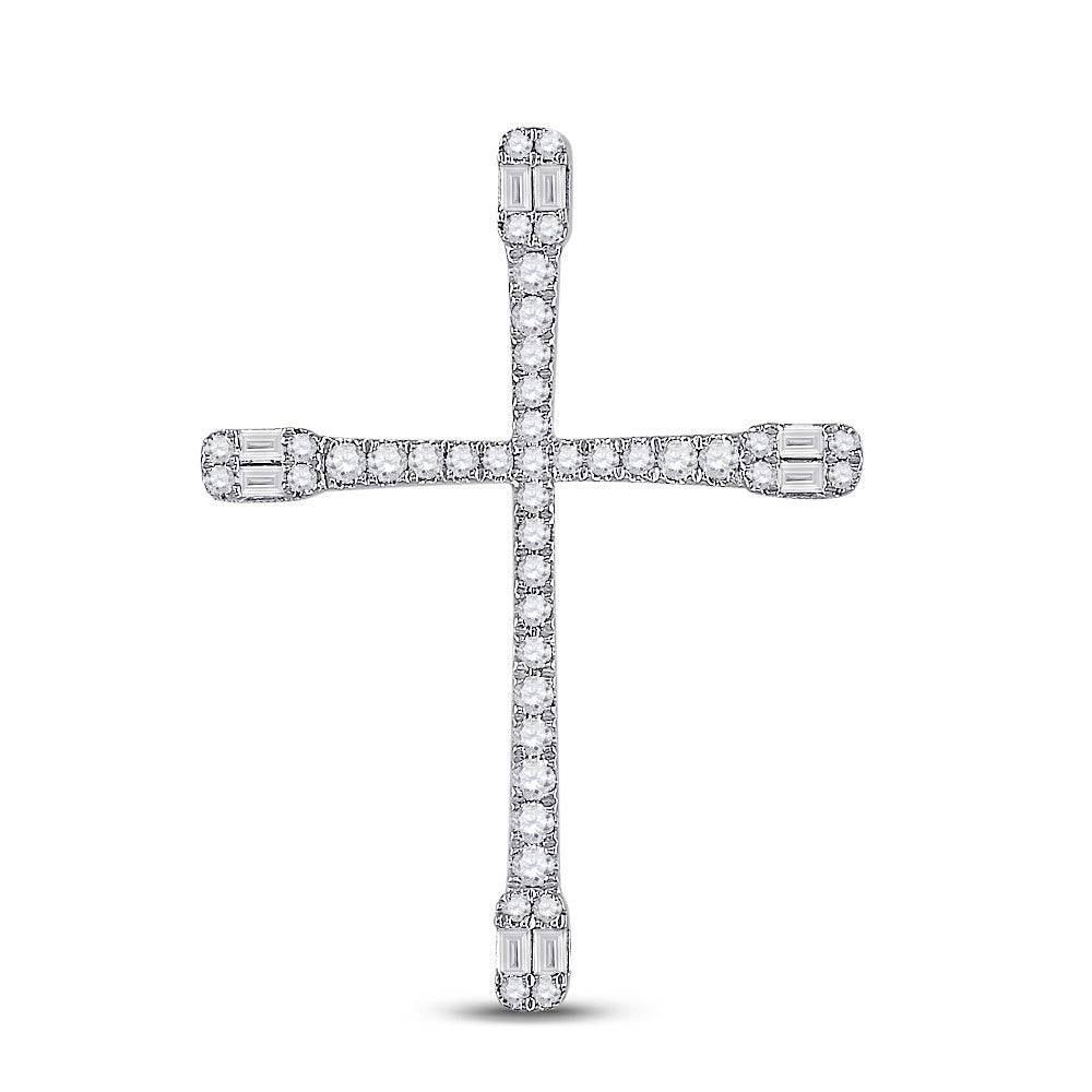 14kt White Gold Womens Baguette Round Diamond Cross Pendant 3/4 Cttw