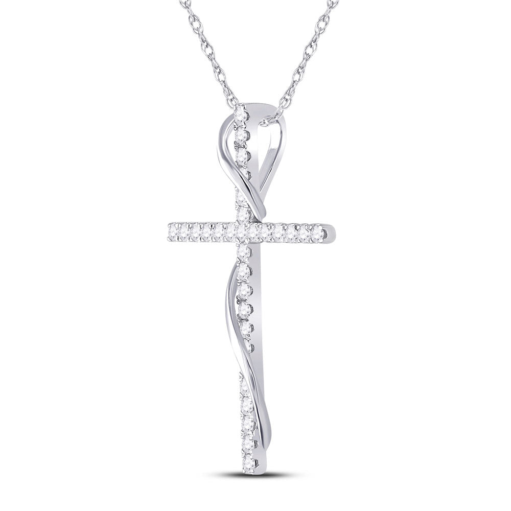 14kt White Gold Womens Round Diamond Cross Pendant 1/2 Cttw