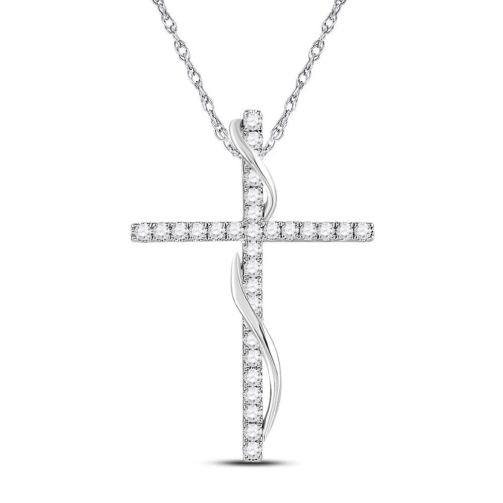 14kt White Gold Womens Round Diamond Cross Pendant 1/2 Cttw