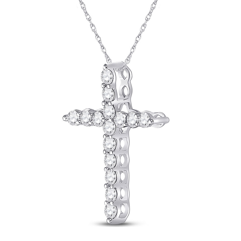 14kt White Gold Womens Round Diamond Cross Pendant 1/2 Cttw