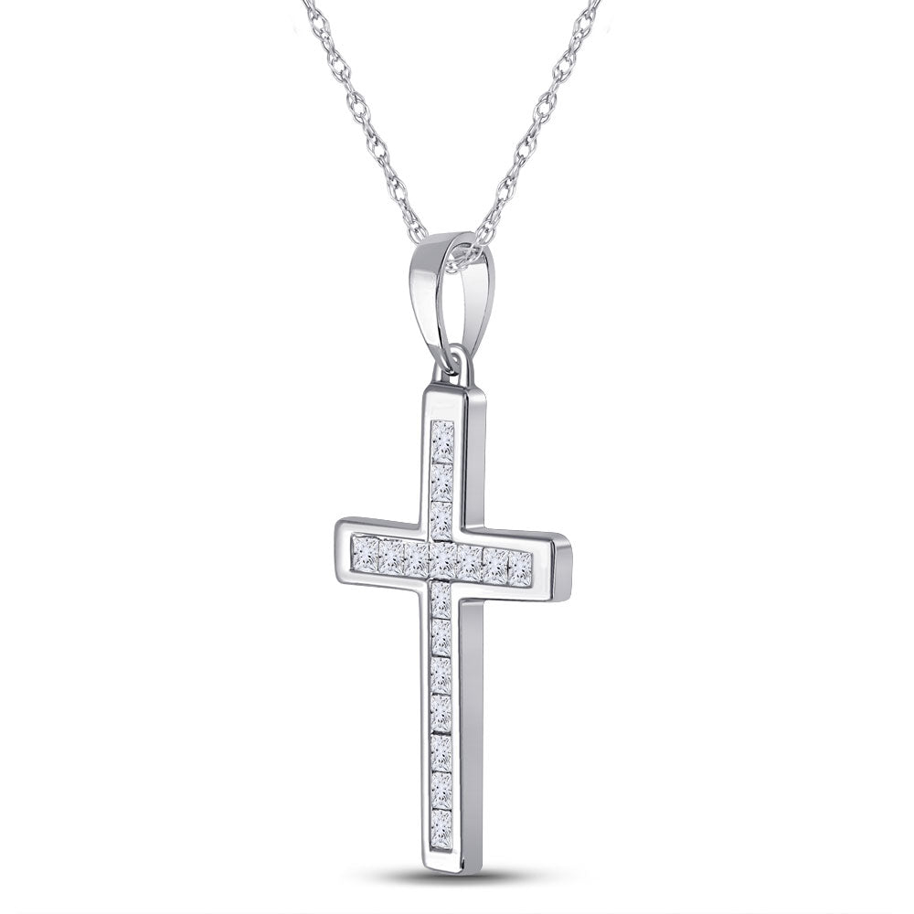 10kt White Gold Womens Princess Diamond Cross Pendant 1/3 Cttw