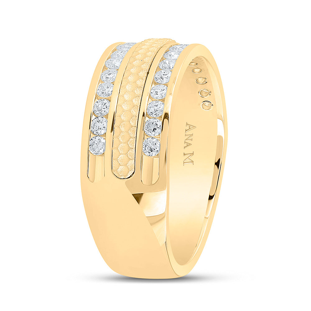 14kt Yellow Gold Mens Round Diamond Wedding Hammered Band Ring 3/4 Cttw