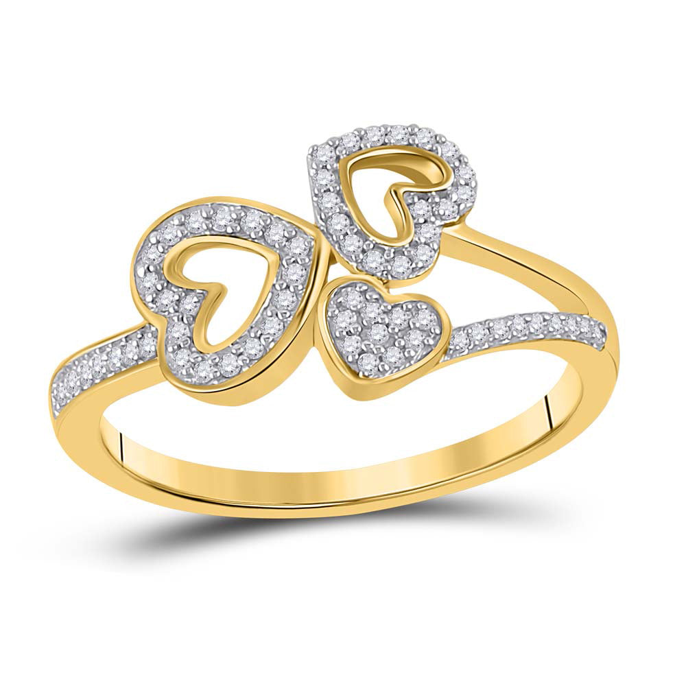 10kt Yellow Gold Womens Round Diamond Triple Heart Ring 1/6 Cttw