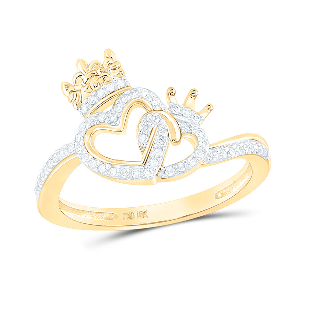 10kt Yellow Gold Womens Round Diamond King Queen Heart Ring 1/6 Cttw