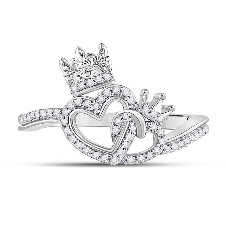 10kt White Gold Womens Round Diamond King Queen Heart Ring 1/6 Cttw