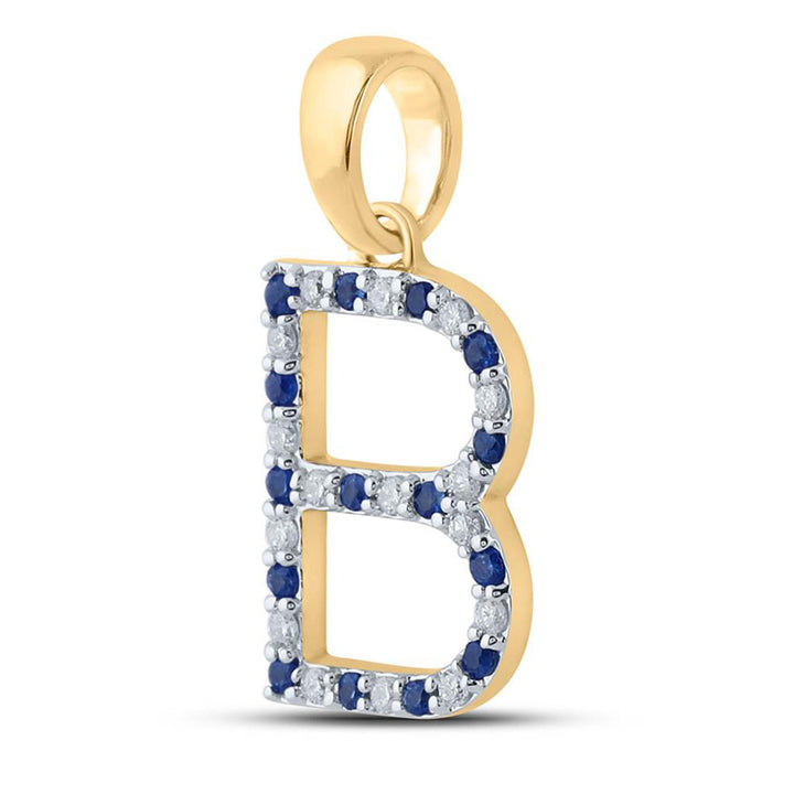 10kt Yellow Gold Womens Round Blue Sapphire Diamond B Letter Pendant 1/4 Cttw