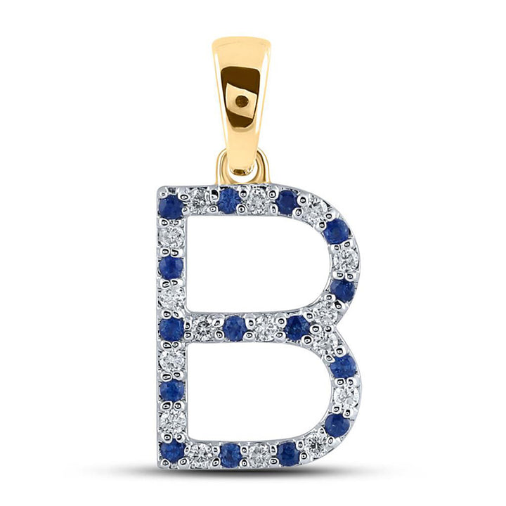 10kt Yellow Gold Womens Round Blue Sapphire Diamond B Letter Pendant 1/4 Cttw