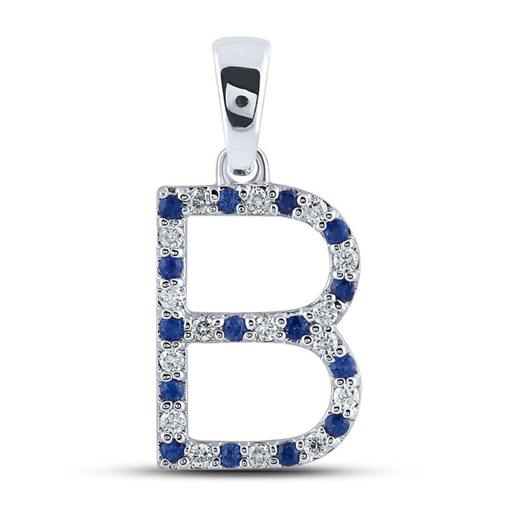 10kt White Gold Womens Round Blue Sapphire Diamond B Letter Pendant 1/4 Cttw