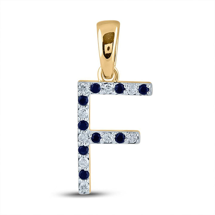 10kt Yellow Gold Womens Round Blue Sapphire Diamond F Letter Pendant 1/5 Cttw