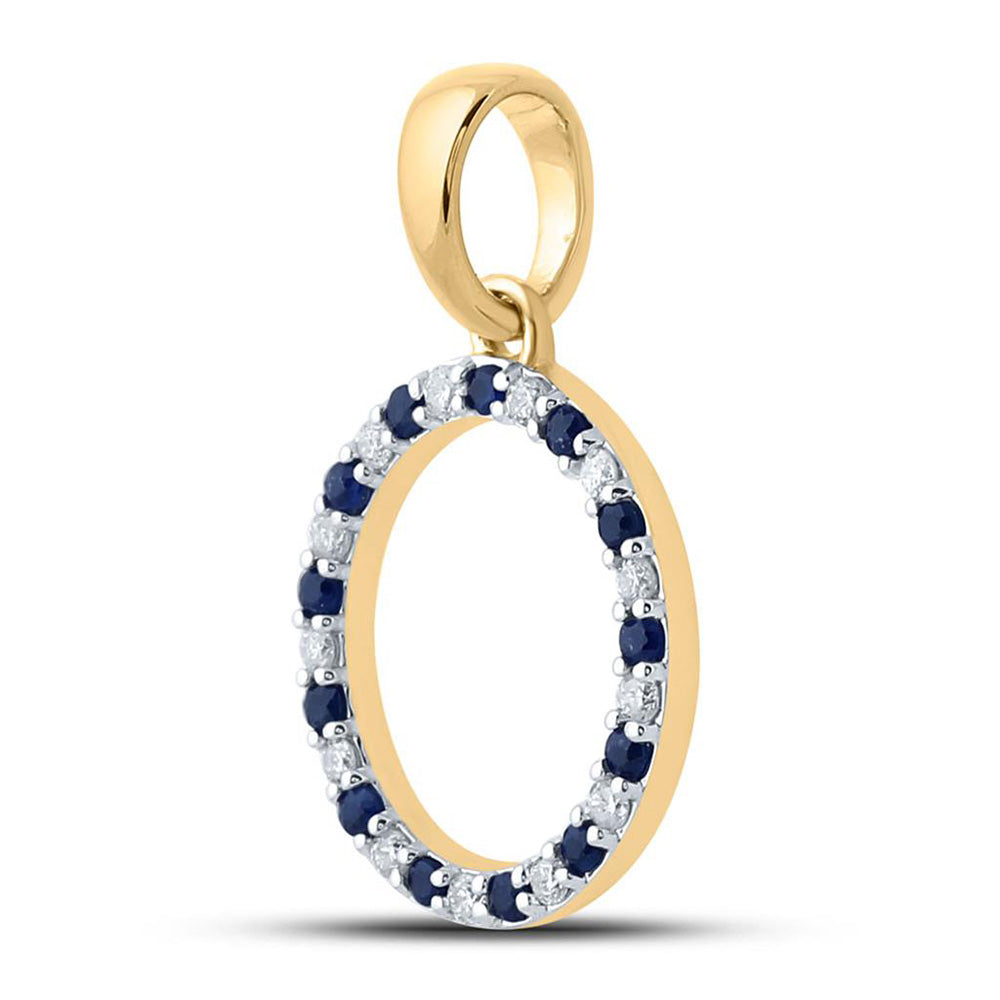 10kt Yellow Gold Womens Round Lab-Created Blue Sapphire Diamond O Letter Pendant 1/4 Cttw