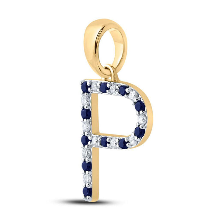 10kt Yellow Gold Womens Round Blue Sapphire Diamond P Letter Pendant 1/5 Cttw