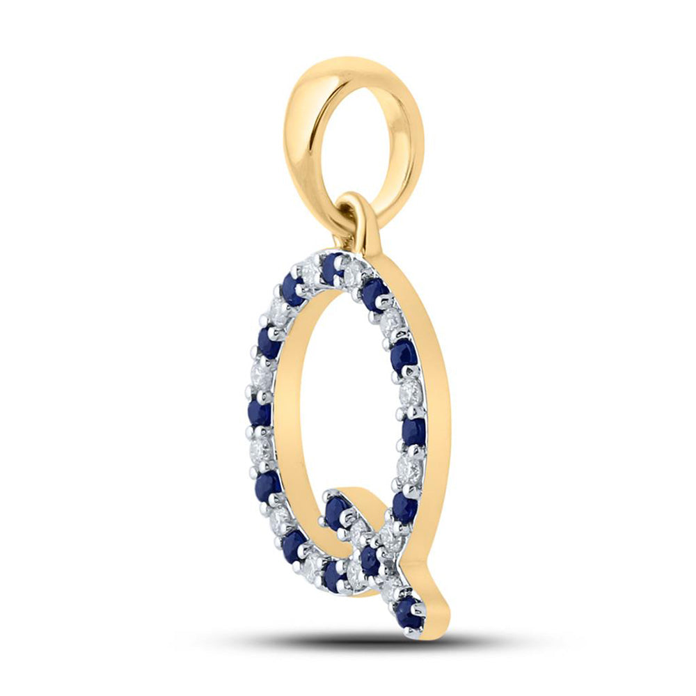 10kt Yellow Gold Womens Round Blue Sapphire Diamond Q Letter Pendant 1/4 Cttw