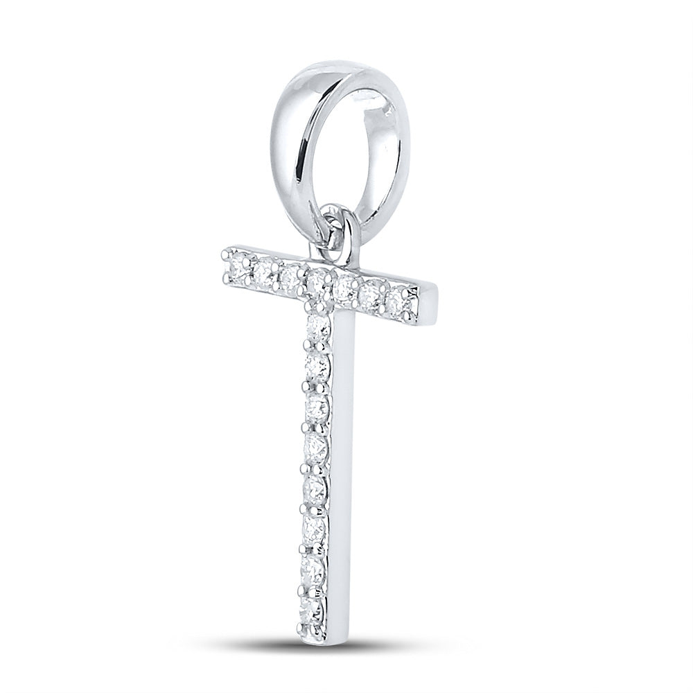 10kt White Gold Womens Round Diamond Initial T Letter Pendant 1/8 Cttw