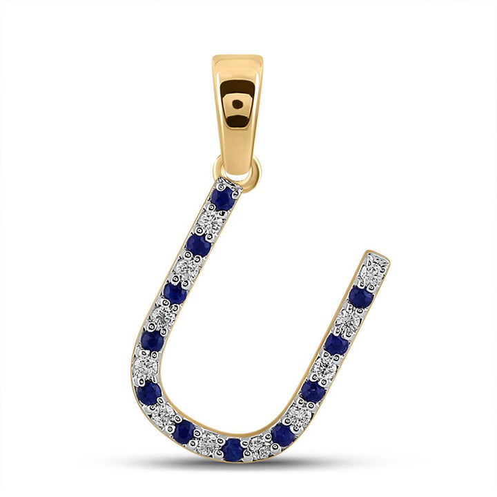 10kt Yellow Gold Womens Round Blue Sapphire U Initial Letter Pendant 1/5 Cttw