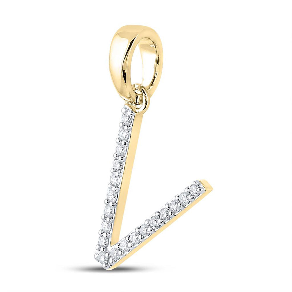 10kt Yellow Gold Womens Round Diamond V Initial Letter Pendant 1/8 Cttw