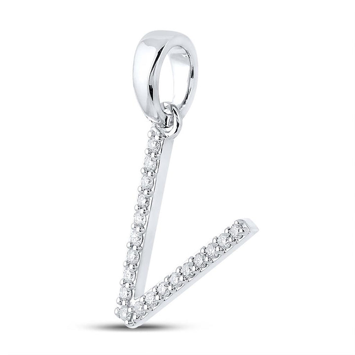 10kt White Gold Womens Round Diamond V Initial Letter Pendant 1/8 Cttw