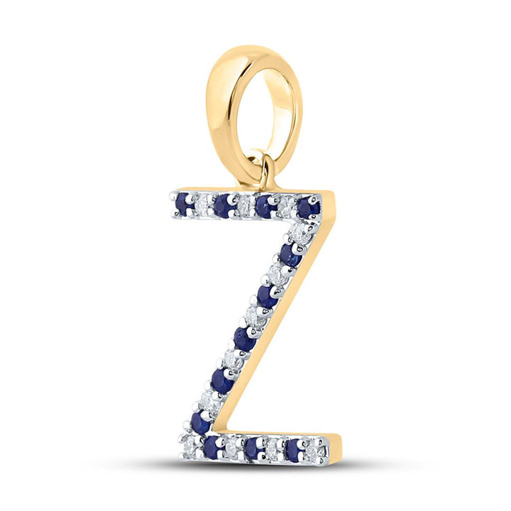 10kt Yellow Gold Womens Round Blue Sapphire Diamond Z Letter Pendant 1/6 Cttw