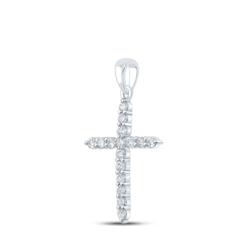 10kt White Gold Womens Round Diamond Cross Pendant 1/2 Cttw