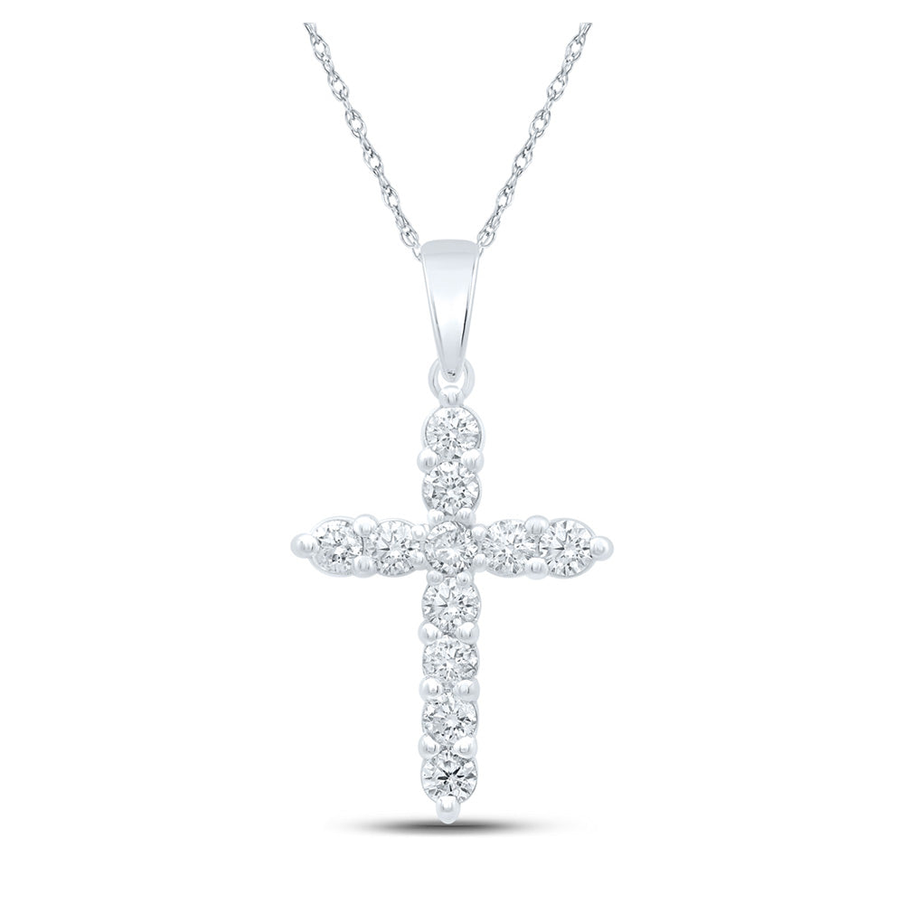 14kt White Gold Womens Round Diamond Cross Pendant 1 Cttw