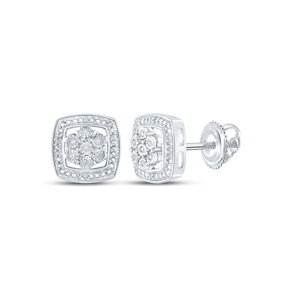 Sterling Silver Womens Round Diamond Square Earrings 1/20 Cttw