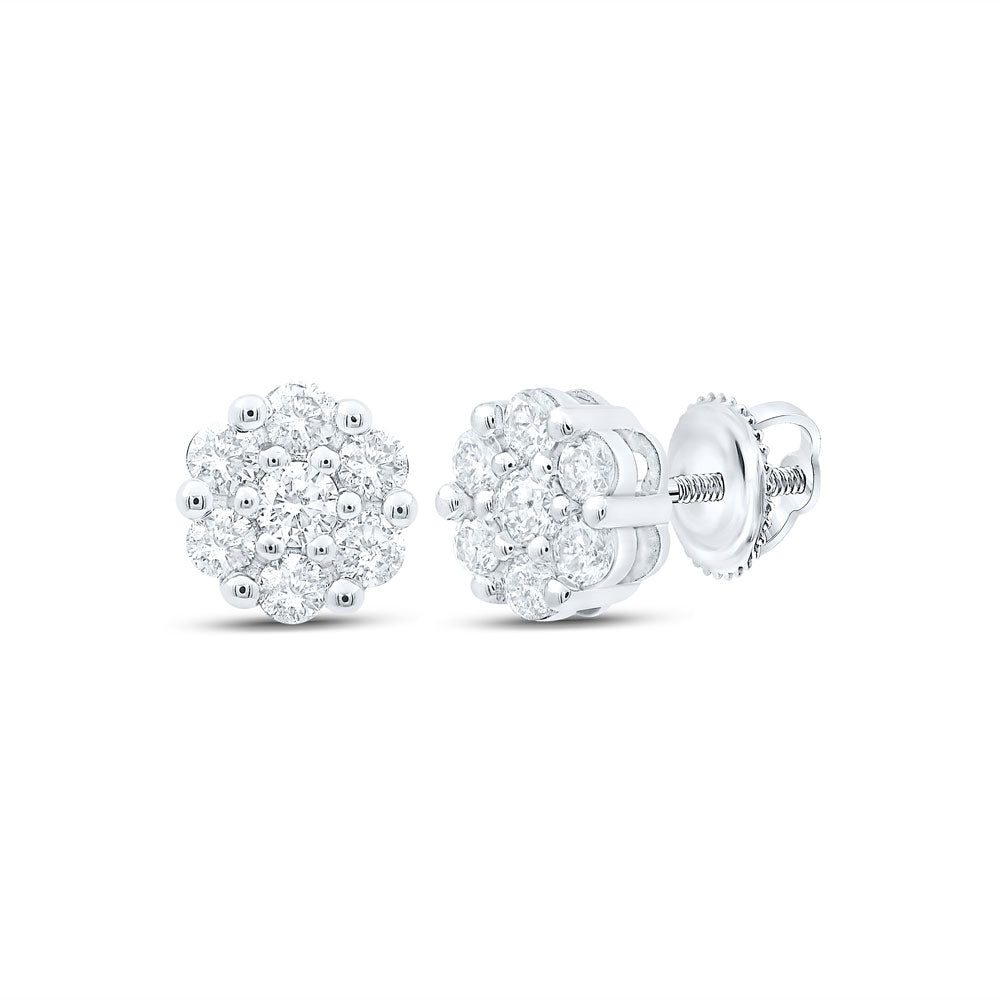 14kt White Gold Womens Round Diamond Flower Cluster Earrings 1/2 Cttw