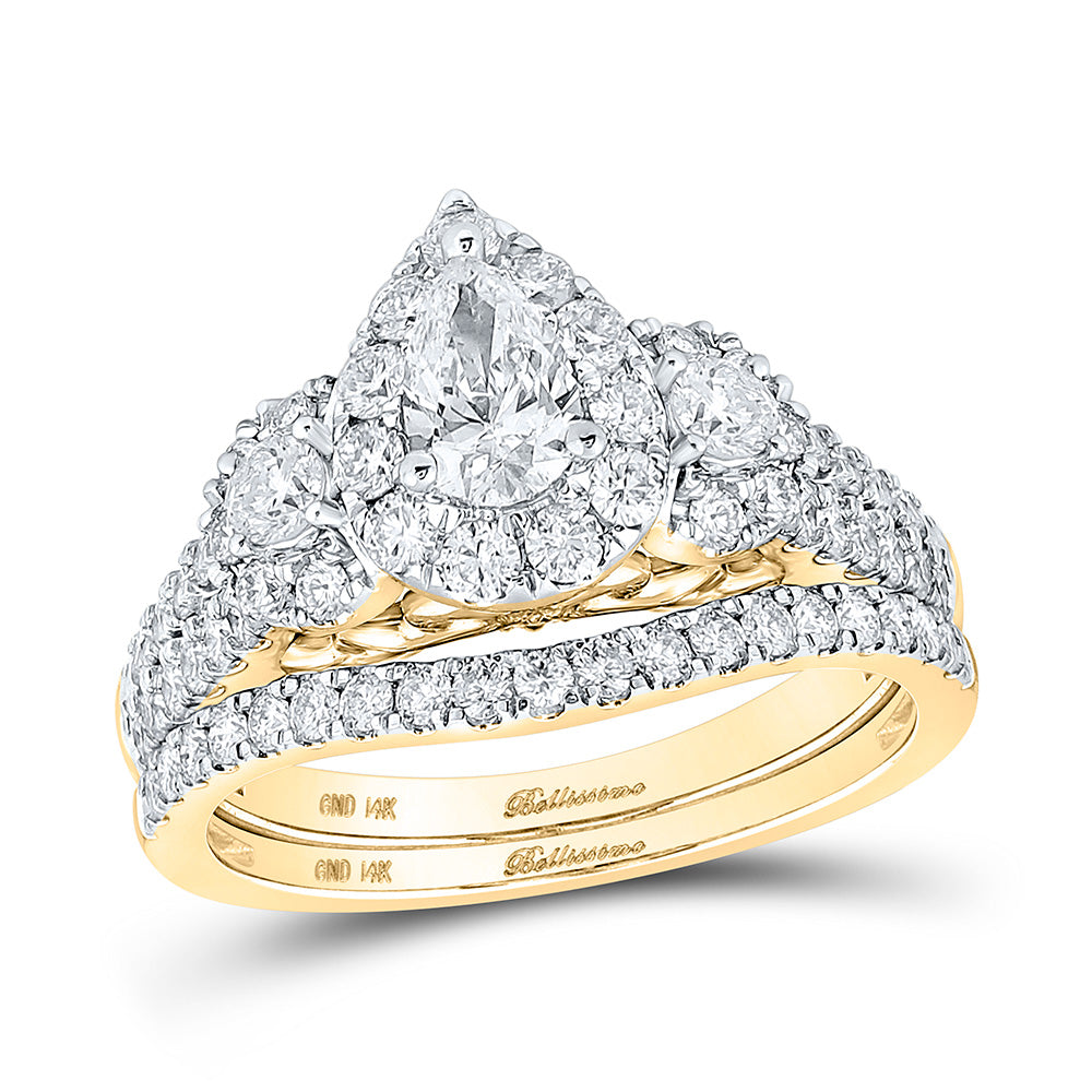 14kt Yellow Gold Pear Diamond Halo Bridal Wedding Ring Band Set 1-1/2 Cttw