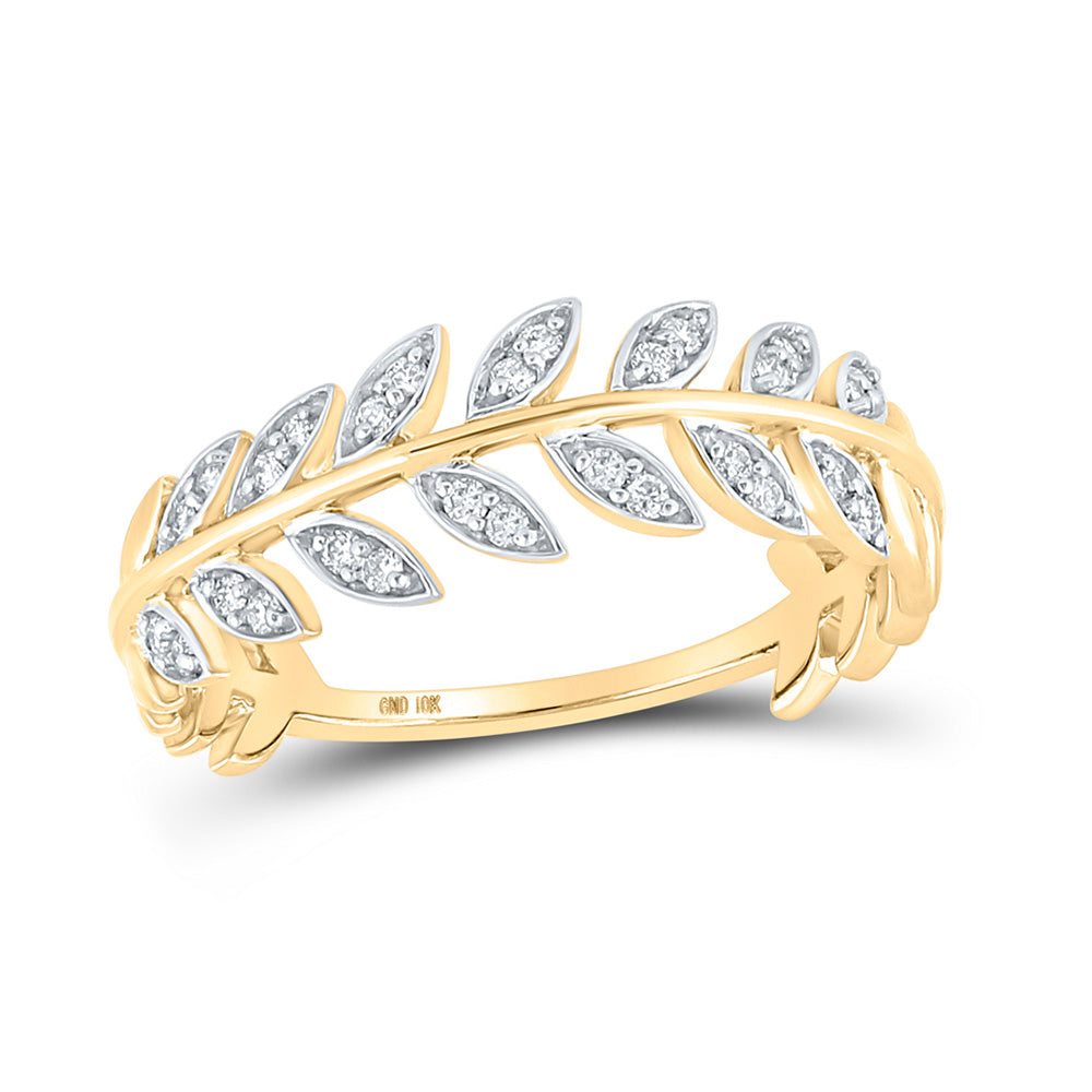 10kt Yellow Gold Womens Round Diamond Vine Leaf Stackable Band Ring 1/8 Cttw