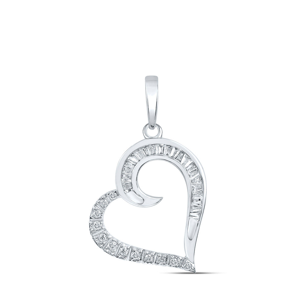 10kt White Gold Womens Baguette Diamond Heart Pendant 1/6 Cttw