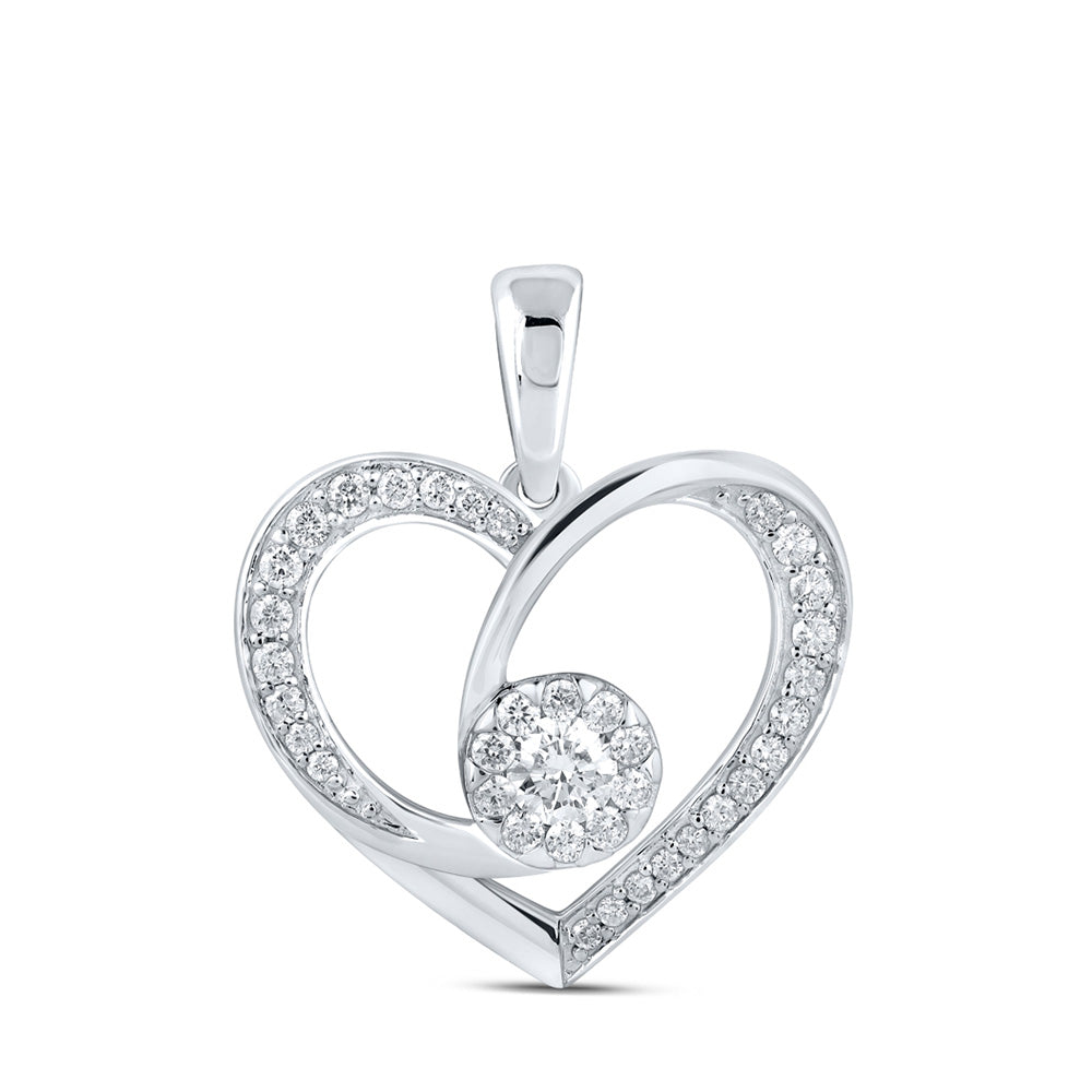 10kt White Gold Womens Round Diamond Heart Pendant 3/8 Cttw