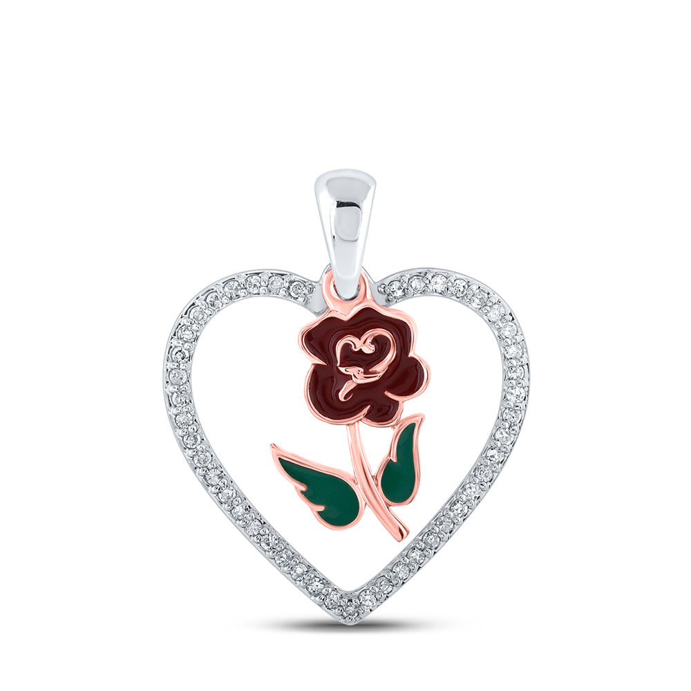 10kt White Gold Womens Round Diamond Rose Heart Pendant 1/8 Cttw