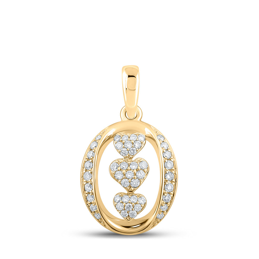 10kt Yellow Gold Womens Round Diamond Triple Heart Pendant 1/4 Cttw