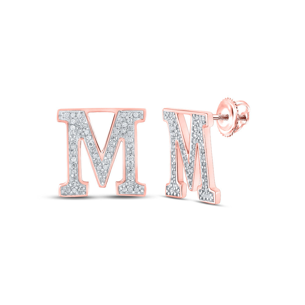 10kt Rose Gold Womens Round Diamond M Initial Letter Earrings 1/4 Cttw