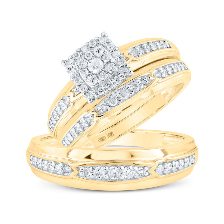 10kt Yellow Gold His Hers Round Diamond Square Matching Wedding Set 1/2 Cttw